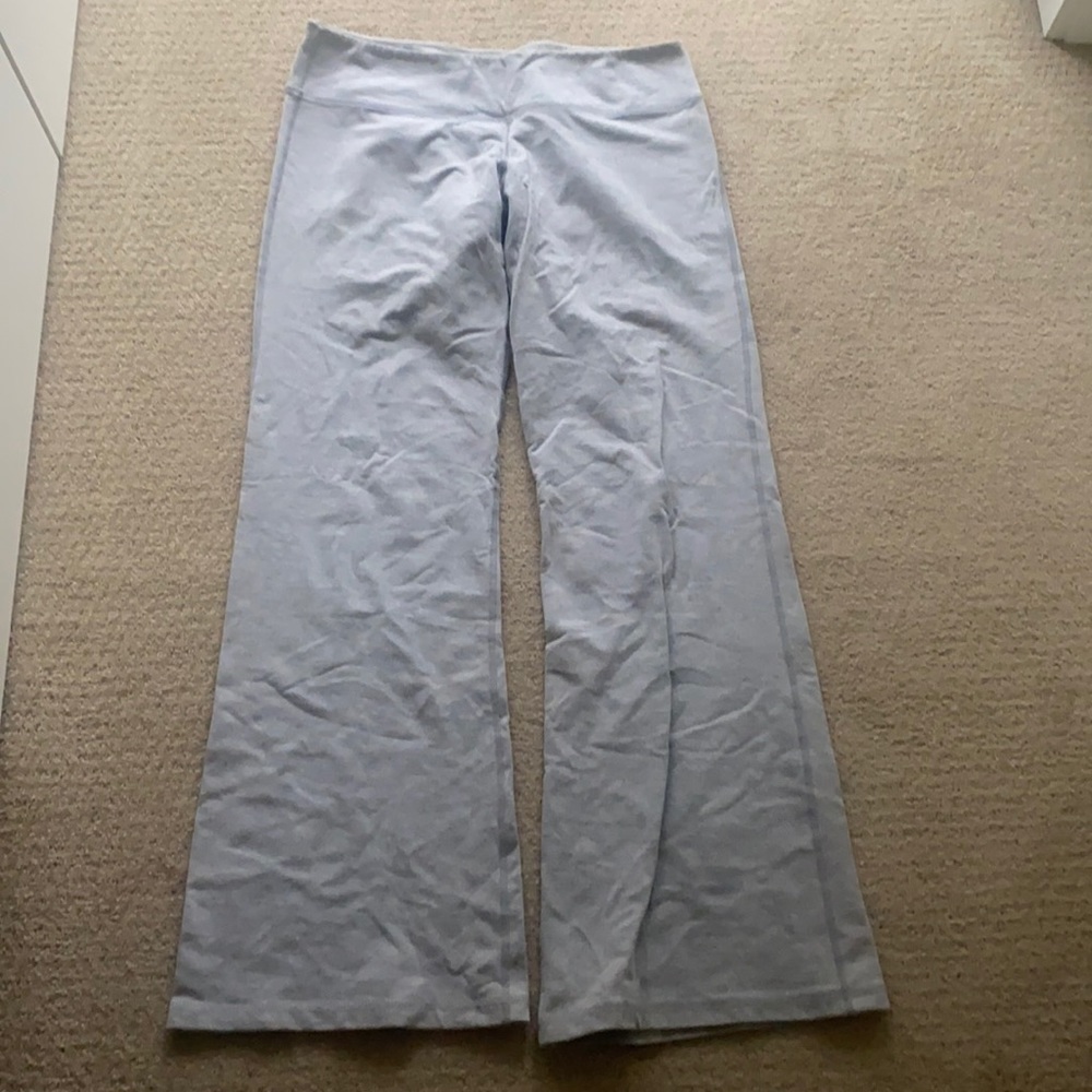 Light grey wide-legged Lululemon pants.